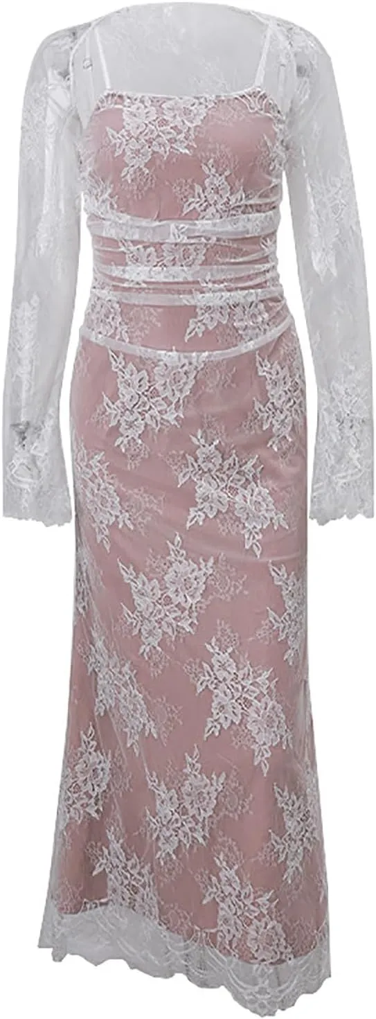 Square Neck Spaghetti Strap Dress for Women Lace Canvas Crochet Dress with Camisole Party Evening Wedding Guest Dress