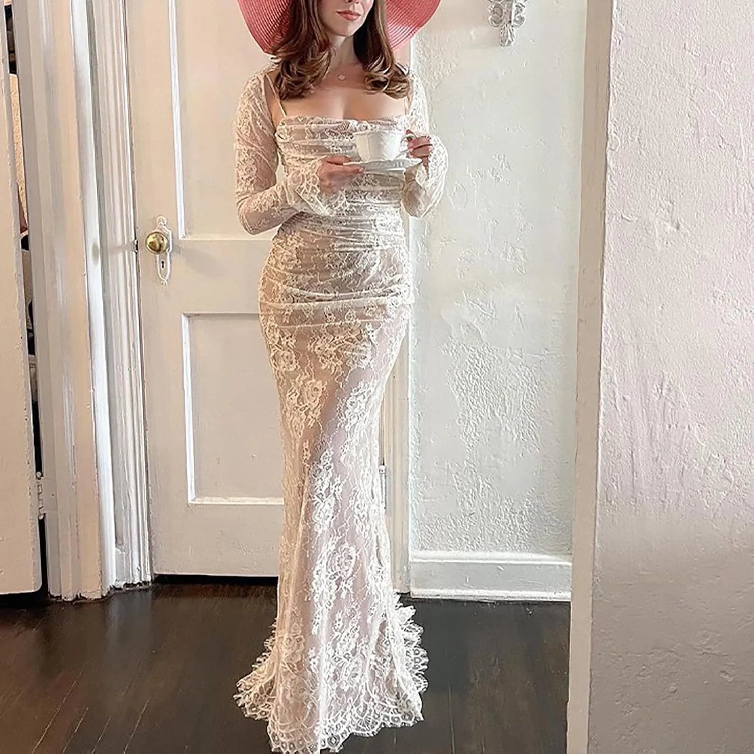 Square Neck Spaghetti Strap Dress for Women Lace Canvas Crochet Dress with Camisole Party Evening Wedding Guest Dress