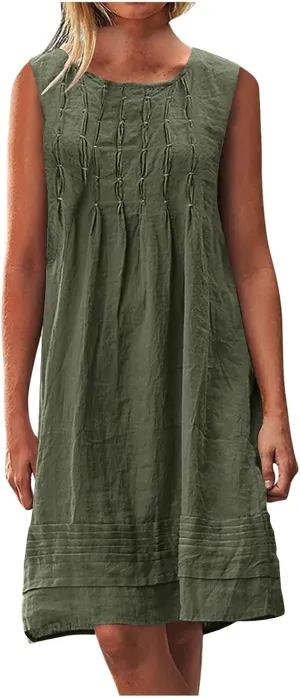TARIENDY Womens Cotton Linen Dresses Casual Summer Crewneck Sleeveless Dress Plus Size Pleated Sundress Loose Sundresses
