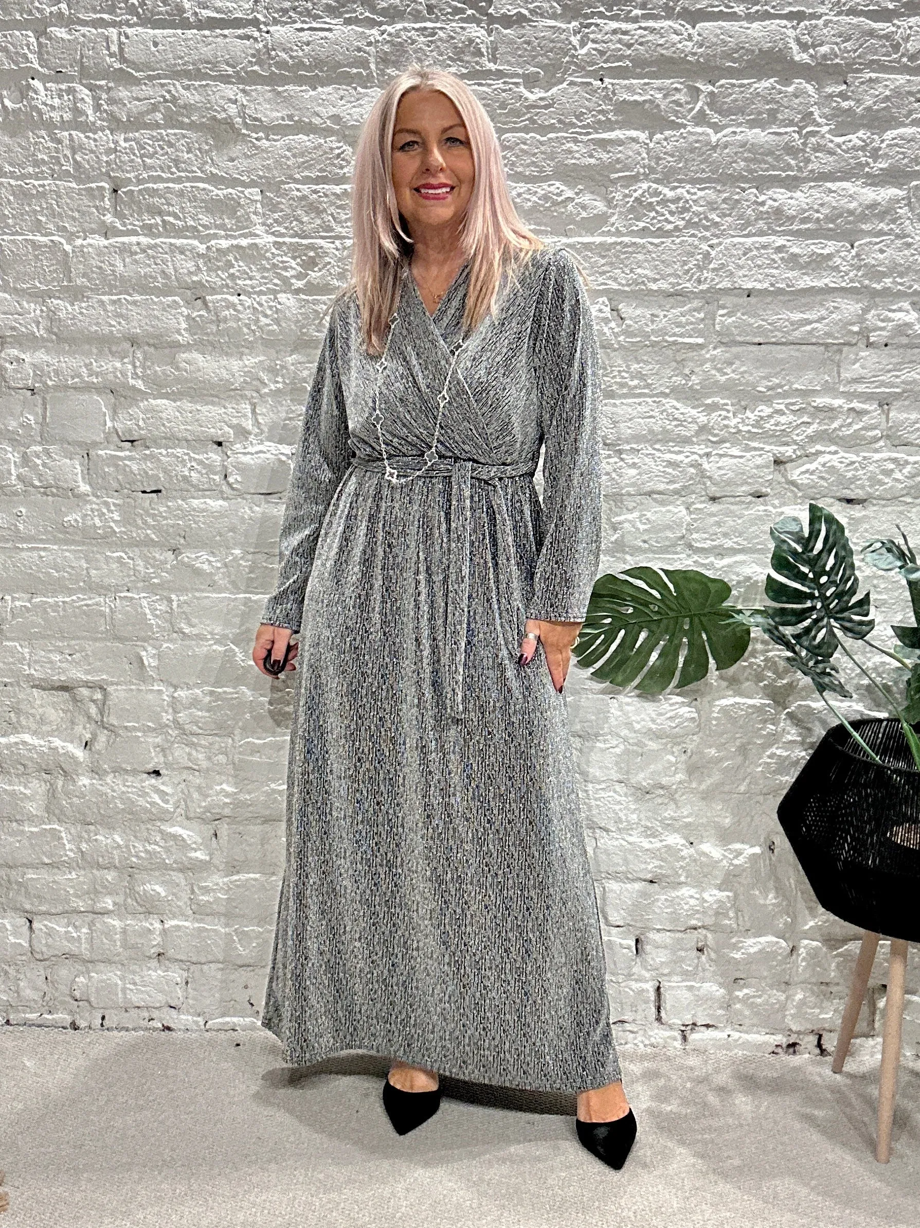 The Gloria Long Cross Front Lurex Dress With Belt