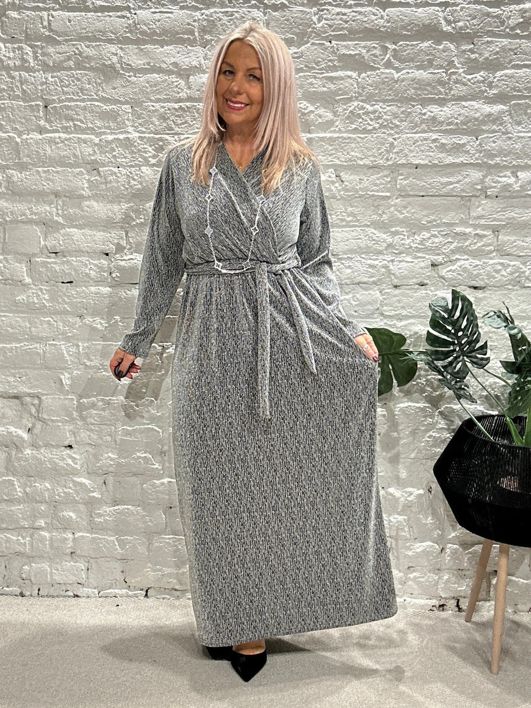 The Gloria Long Cross Front Lurex Dress With Belt