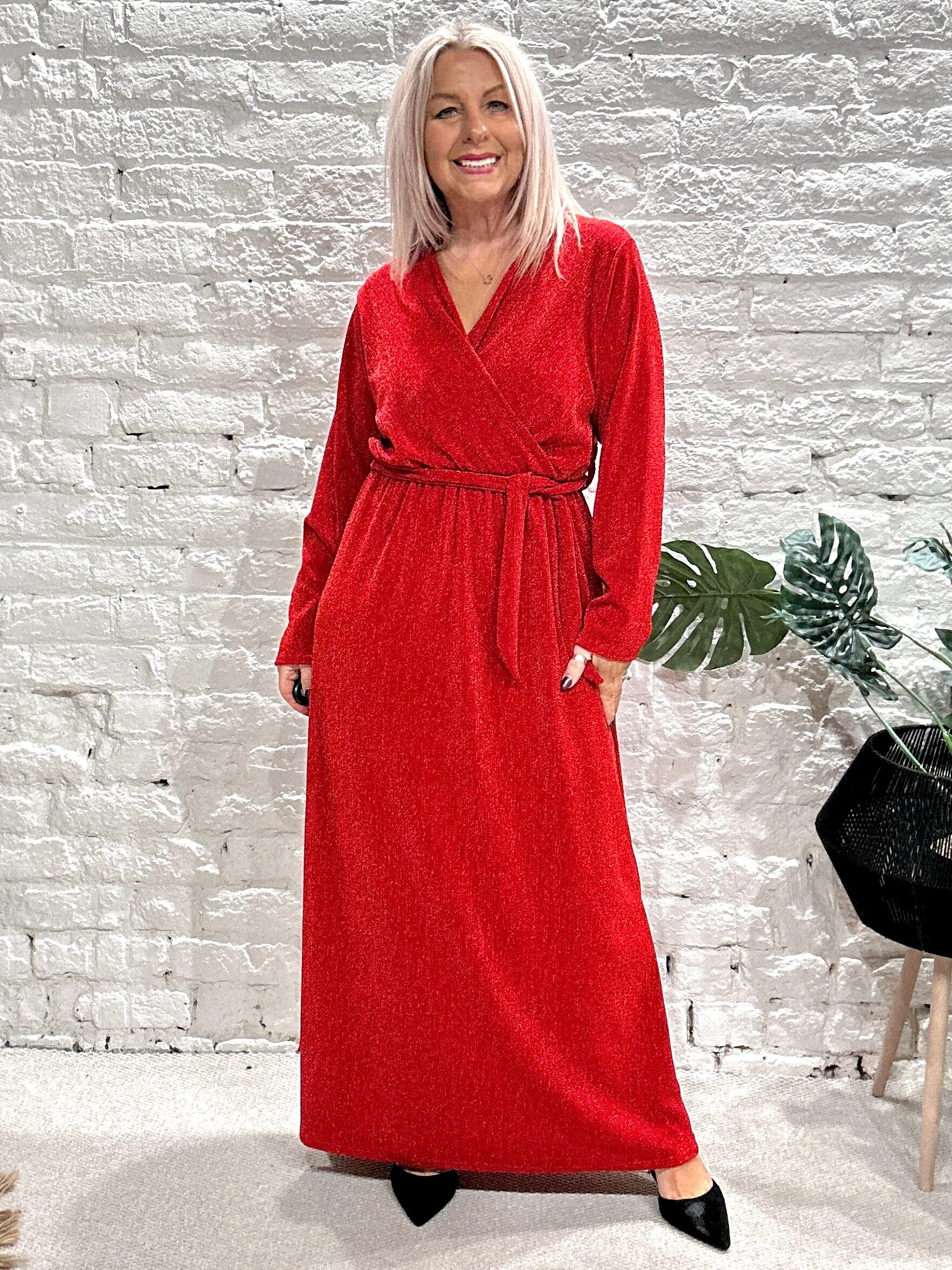 The Gloria Long Cross Front Lurex Dress With Belt