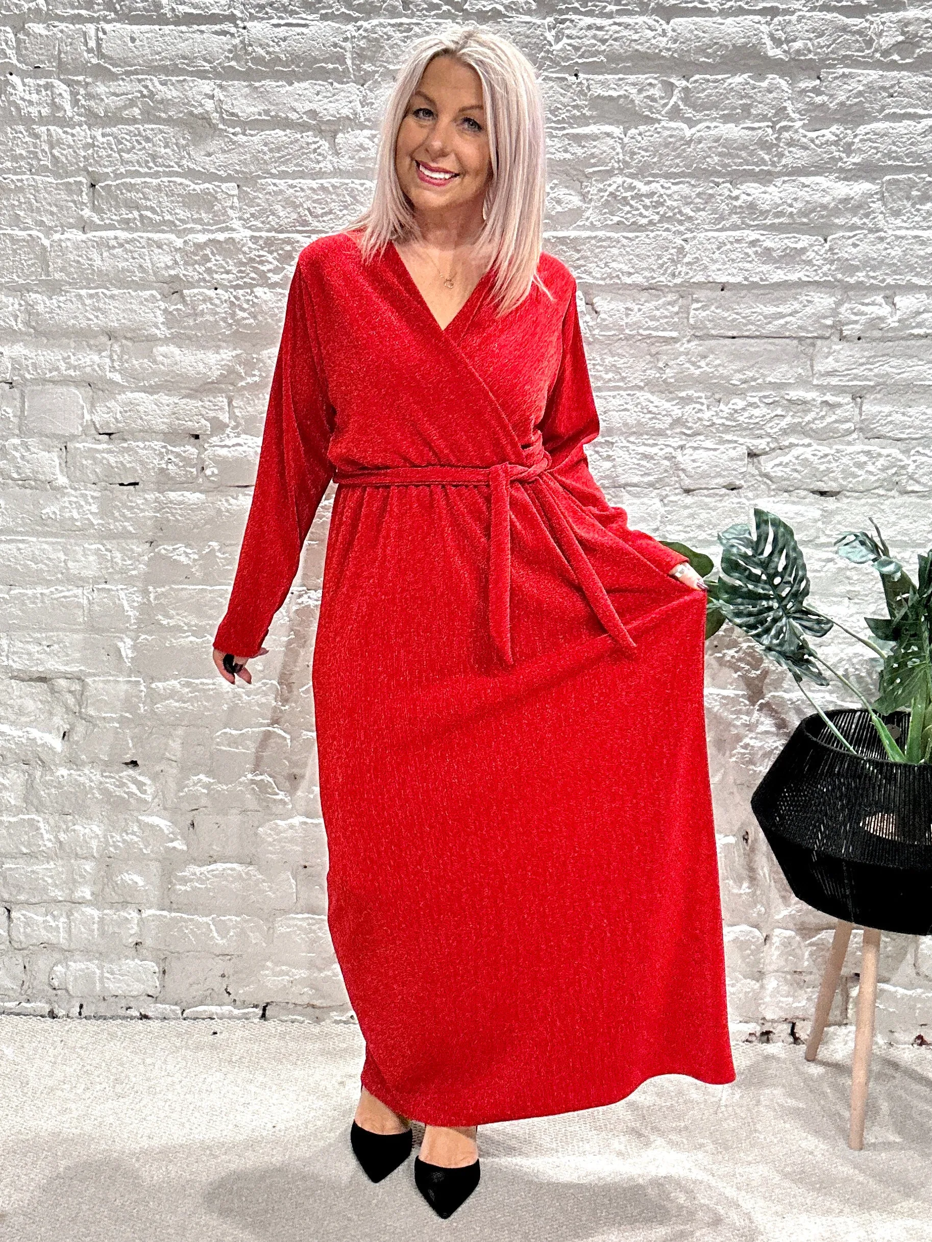 The Gloria Long Cross Front Lurex Dress With Belt