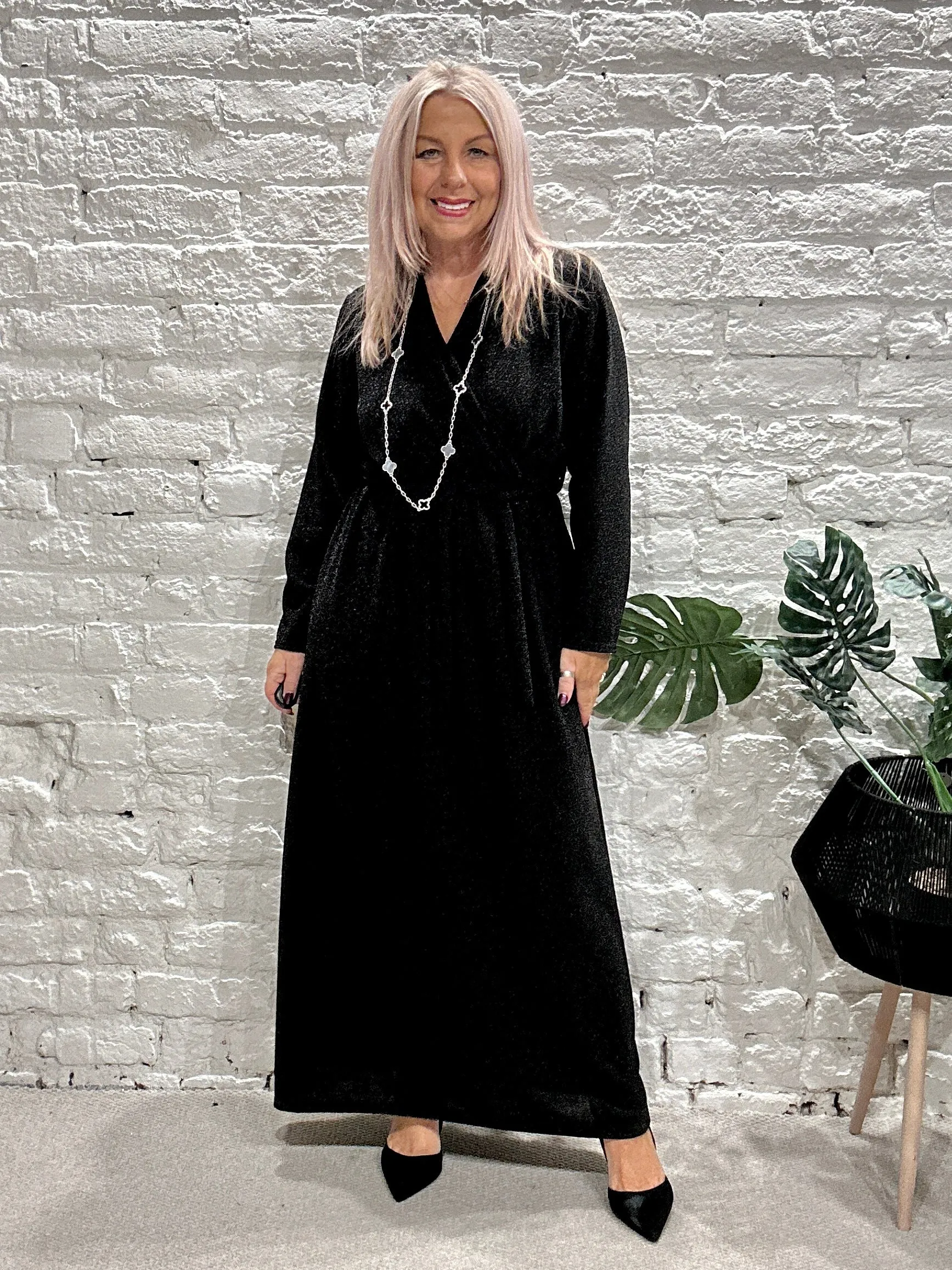 The Gloria Long Cross Front Lurex Dress With Belt