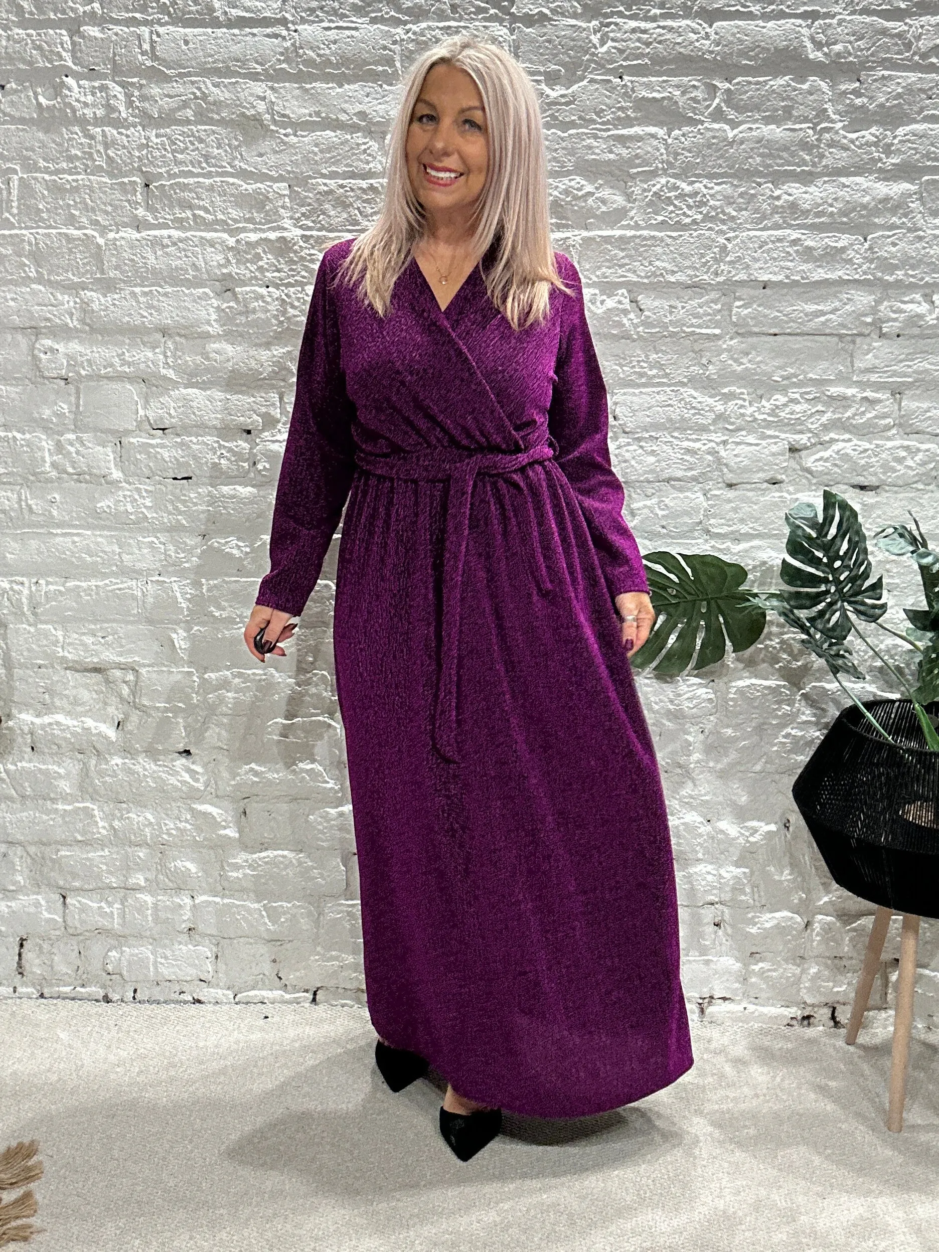 The Gloria Long Cross Front Lurex Dress With Belt