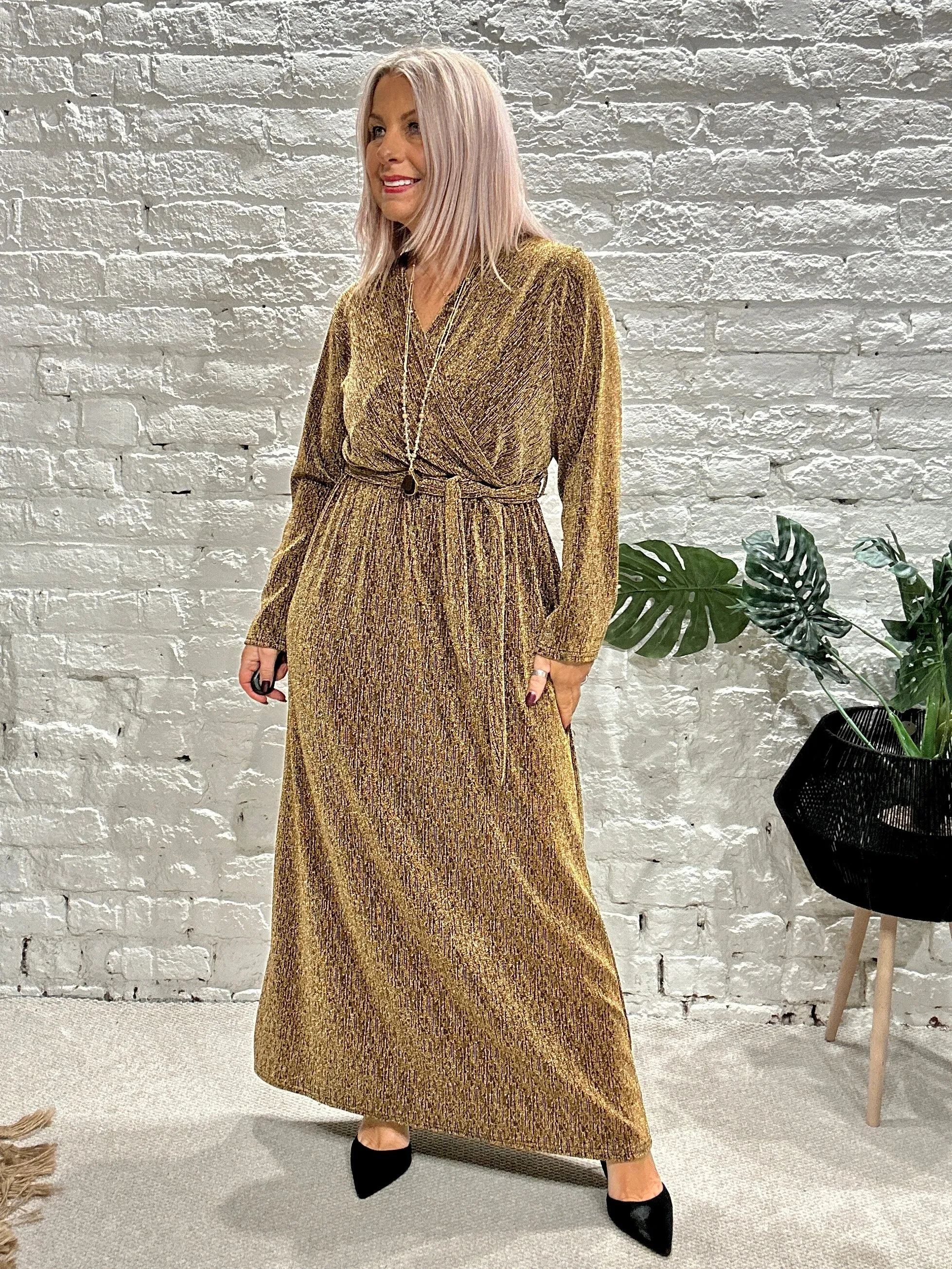 The Gloria Long Cross Front Lurex Dress With Belt