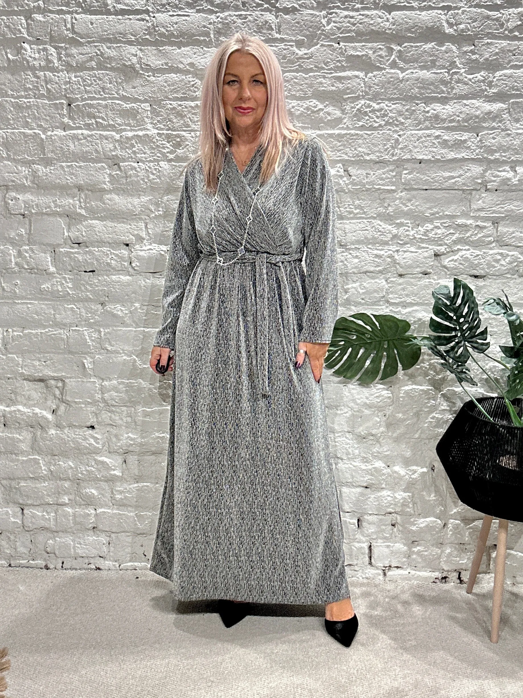 The Gloria Long Cross Front Lurex Dress With Belt