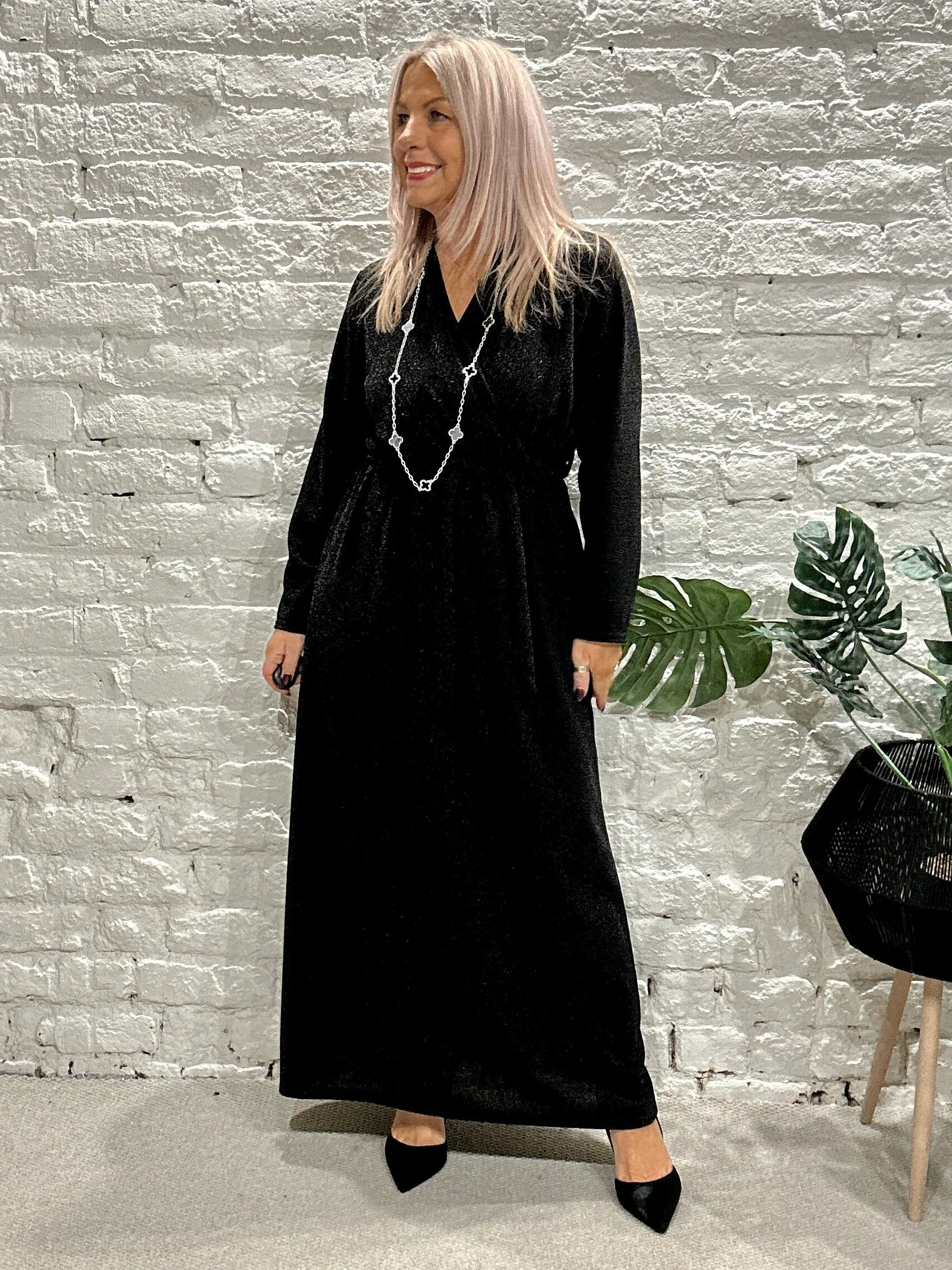 The Gloria Long Cross Front Lurex Dress With Belt