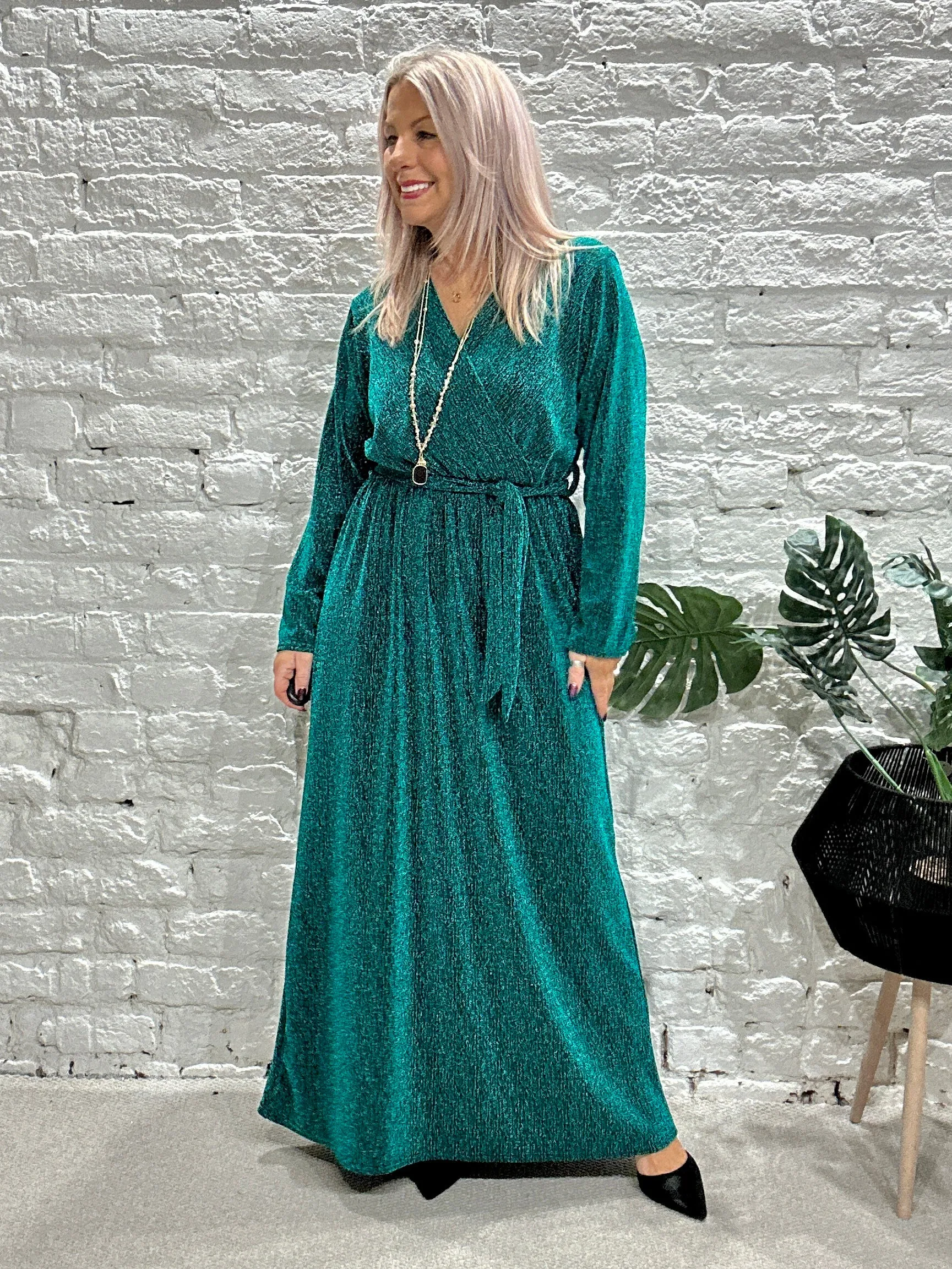 The Gloria Long Cross Front Lurex Dress With Belt