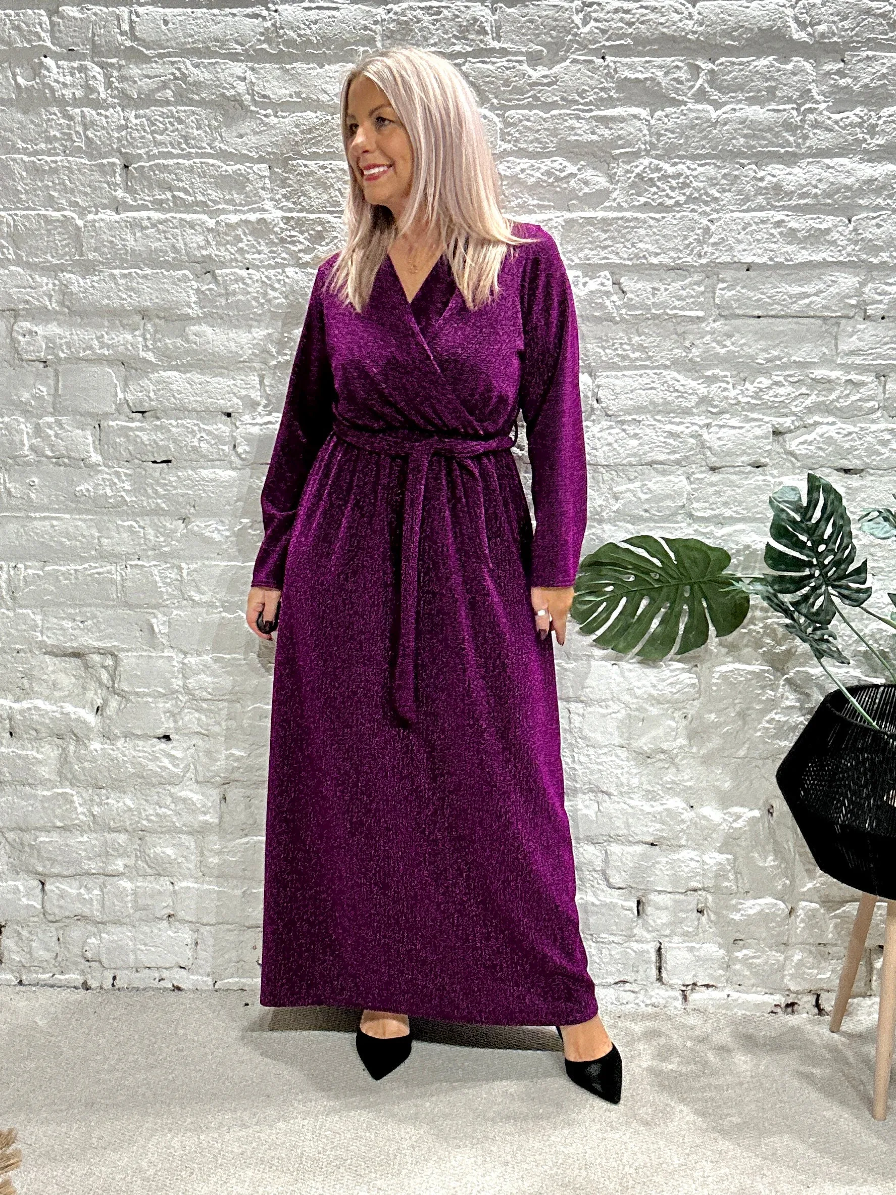 The Gloria Long Cross Front Lurex Dress With Belt