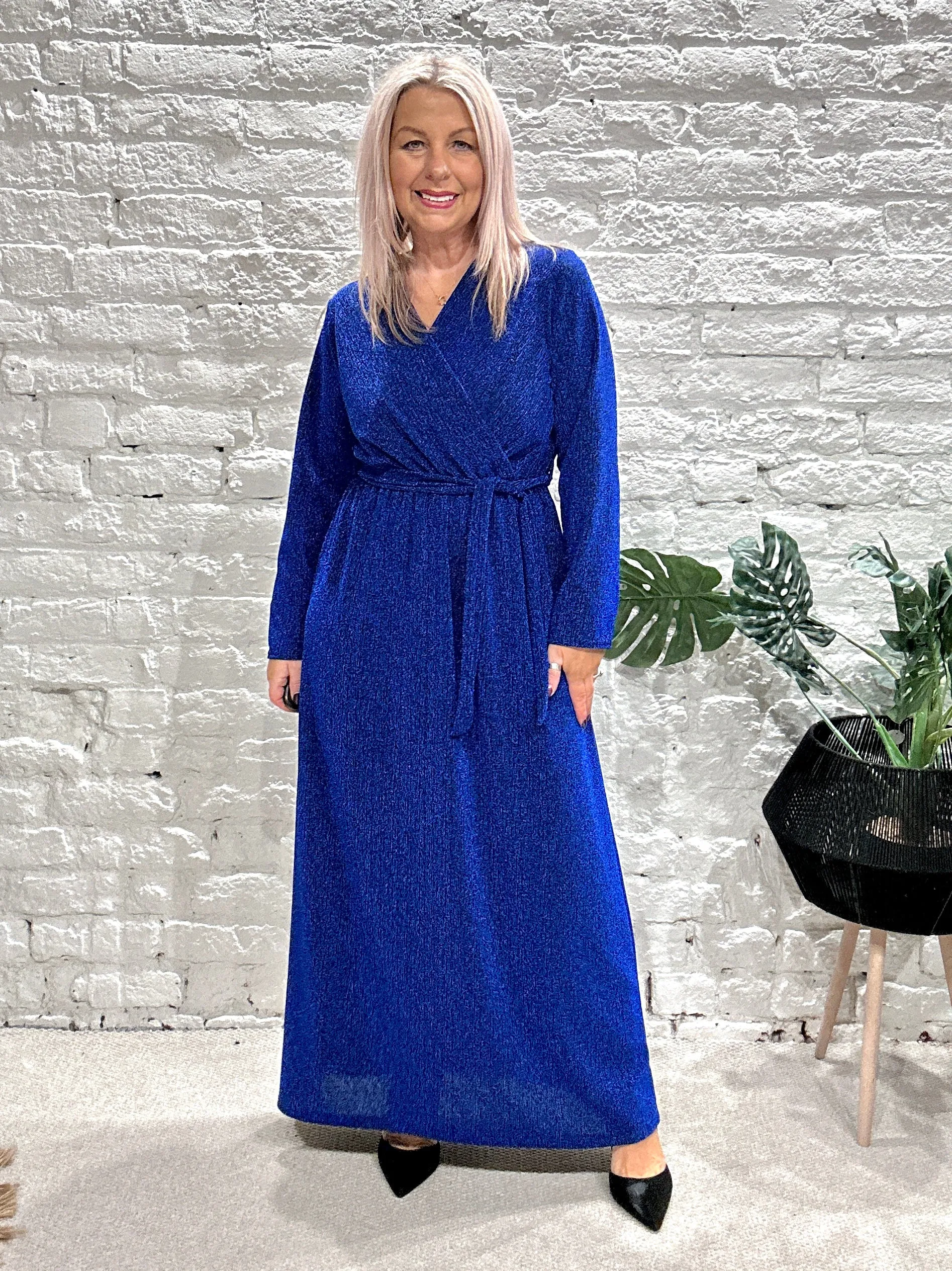 The Gloria Long Cross Front Lurex Dress With Belt
