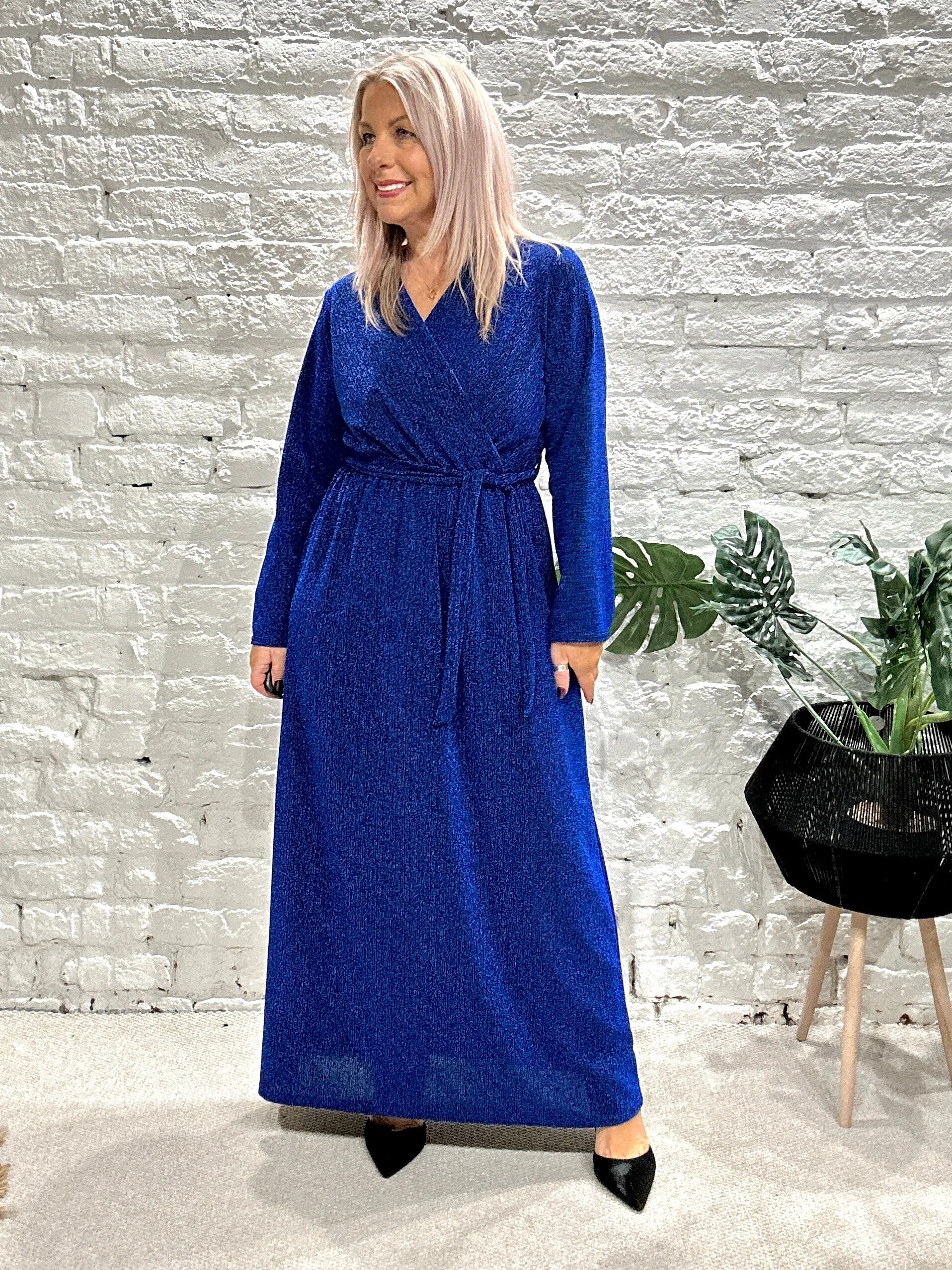 The Gloria Long Cross Front Lurex Dress With Belt