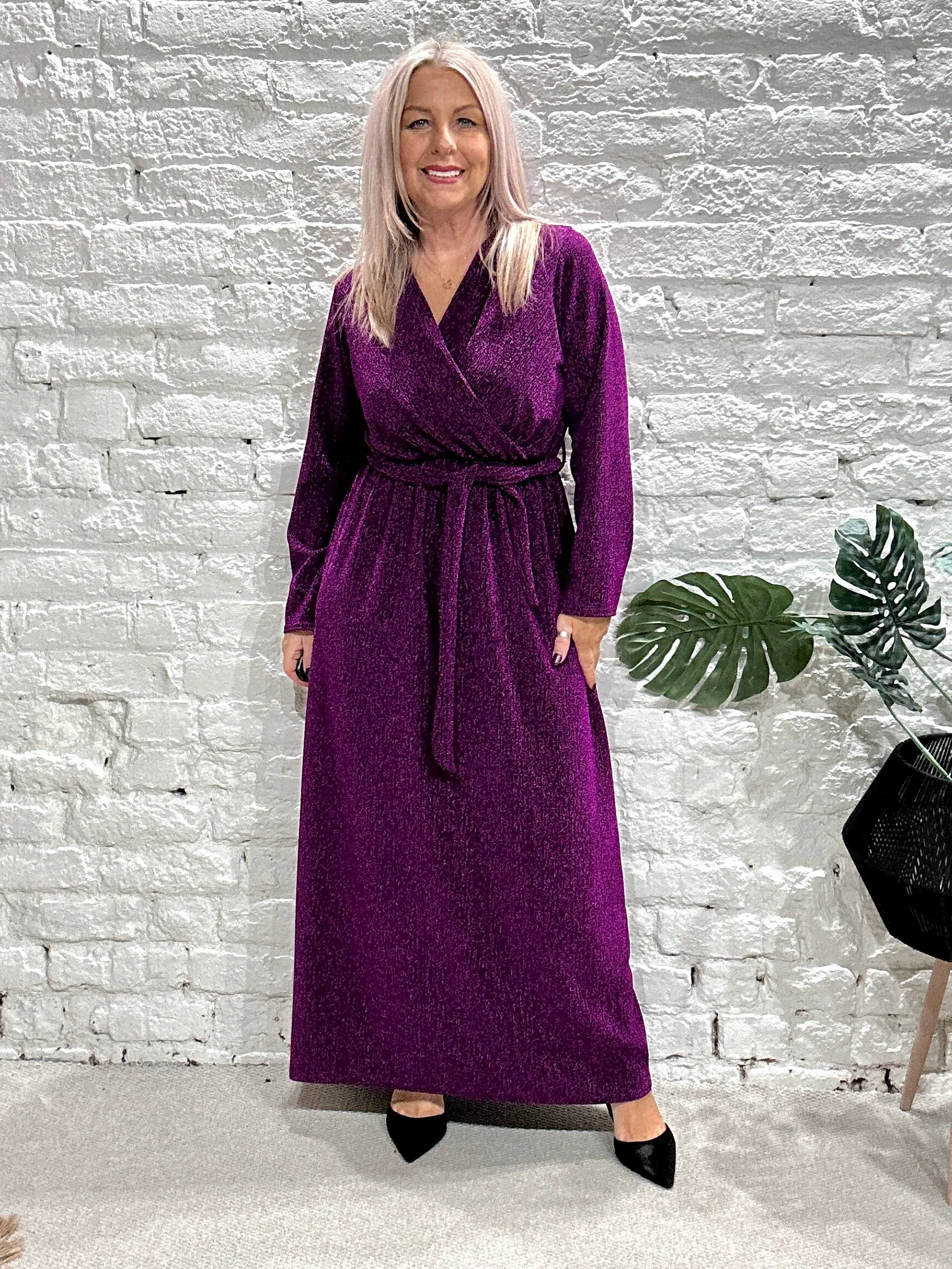 The Gloria Long Cross Front Lurex Dress With Belt
