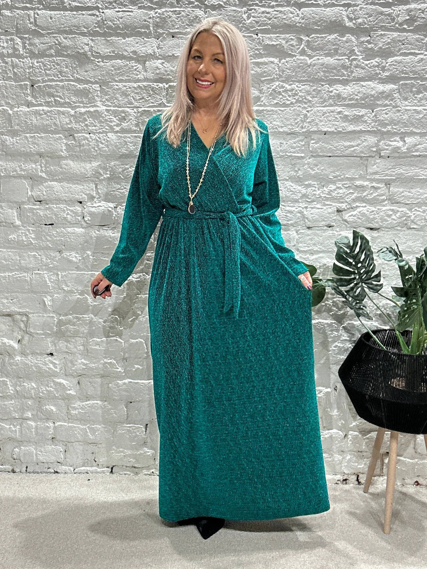 The Gloria Long Cross Front Lurex Dress With Belt