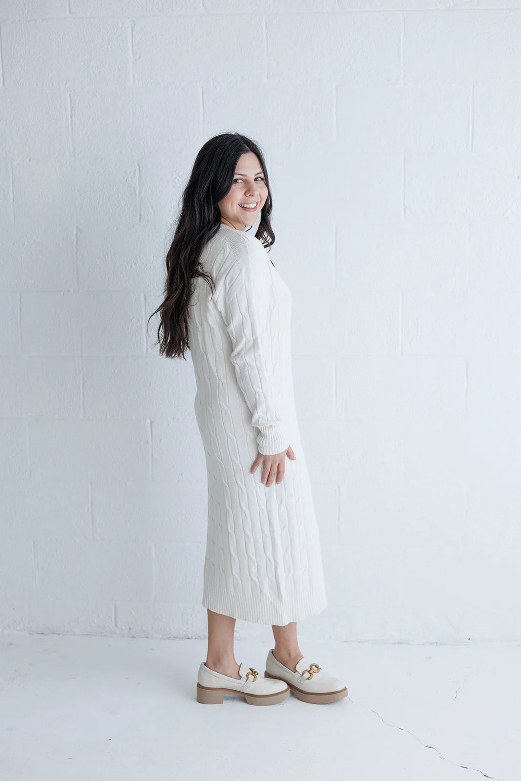 V Neck Cable Knit Sweater Dress