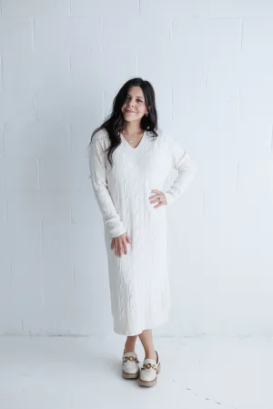 V Neck Cable Knit Sweater Dress
