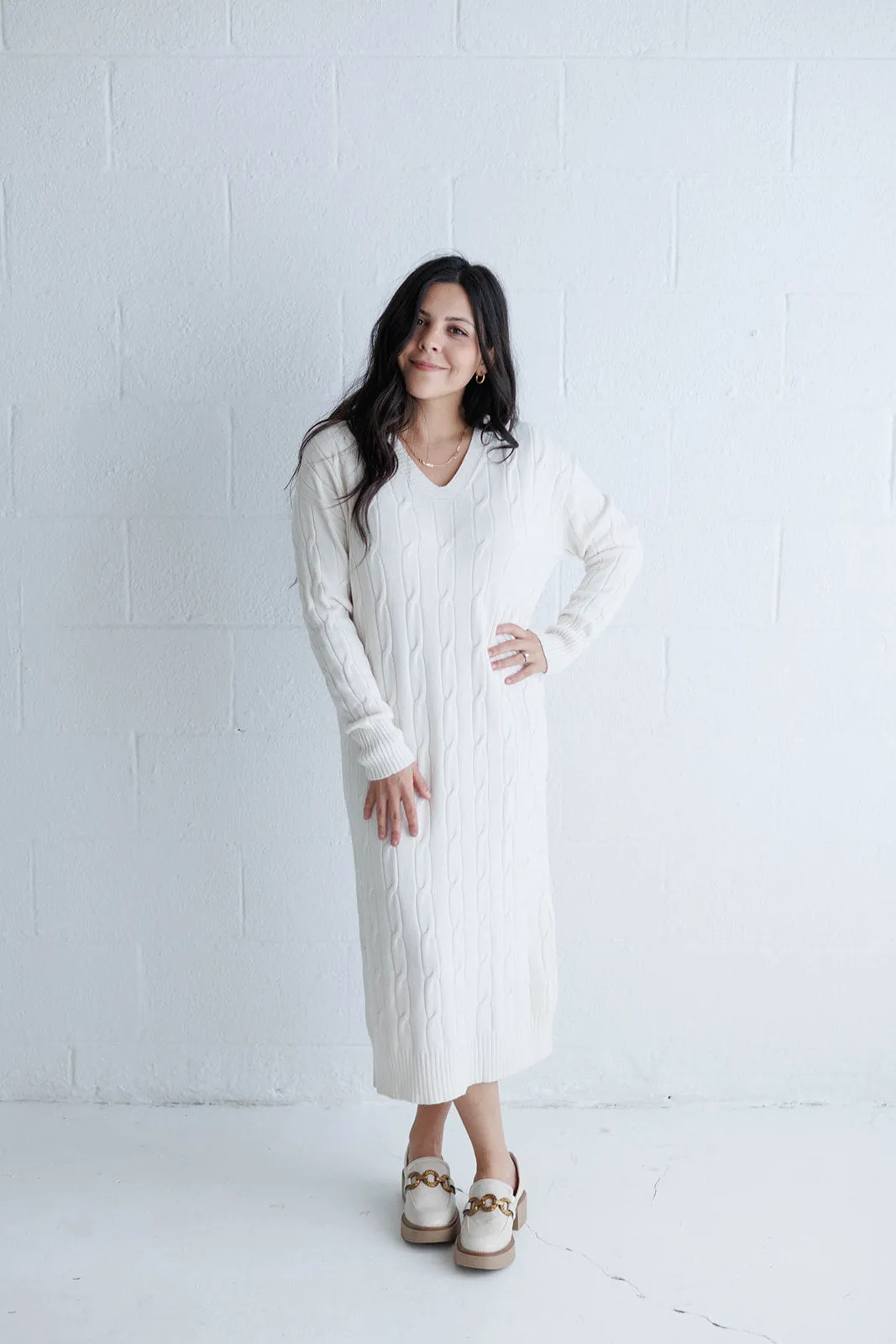 V Neck Cable Knit Sweater Dress