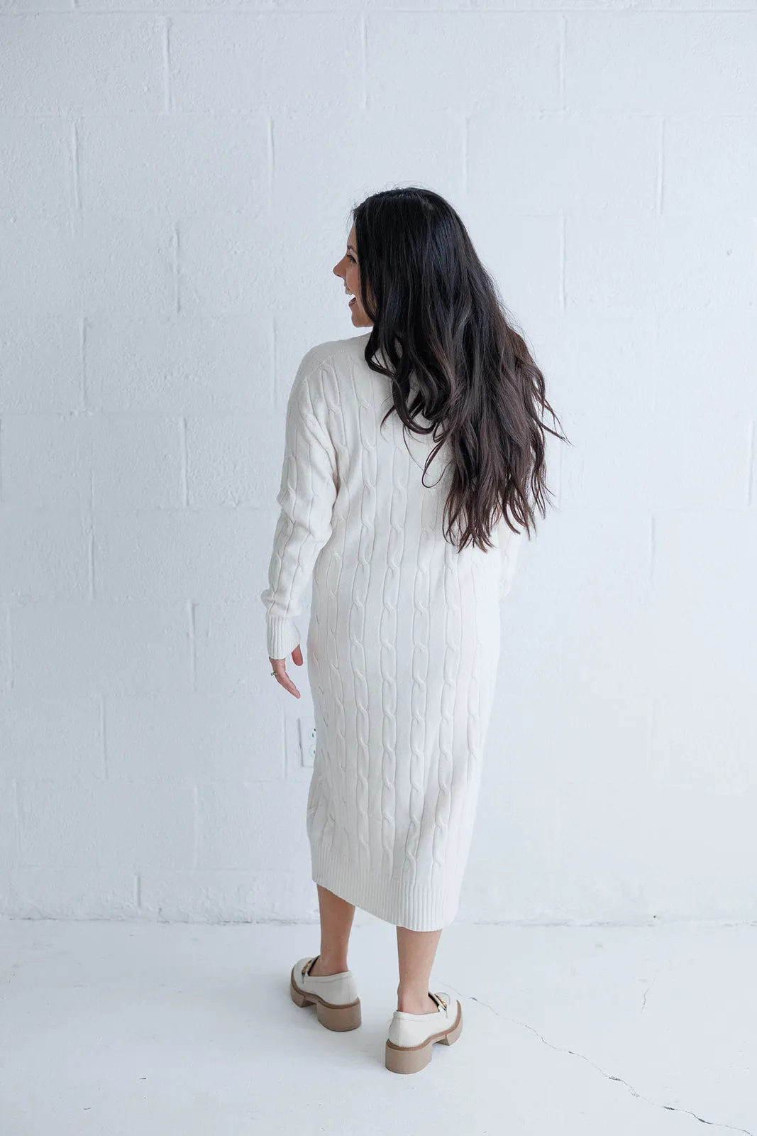 V Neck Cable Knit Sweater Dress