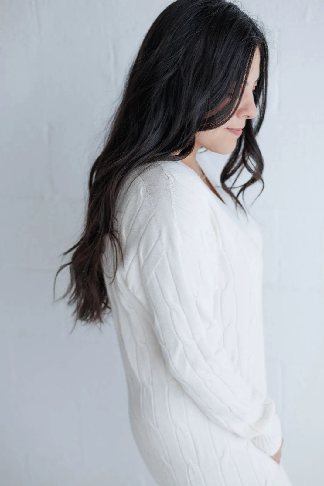 V Neck Cable Knit Sweater Dress