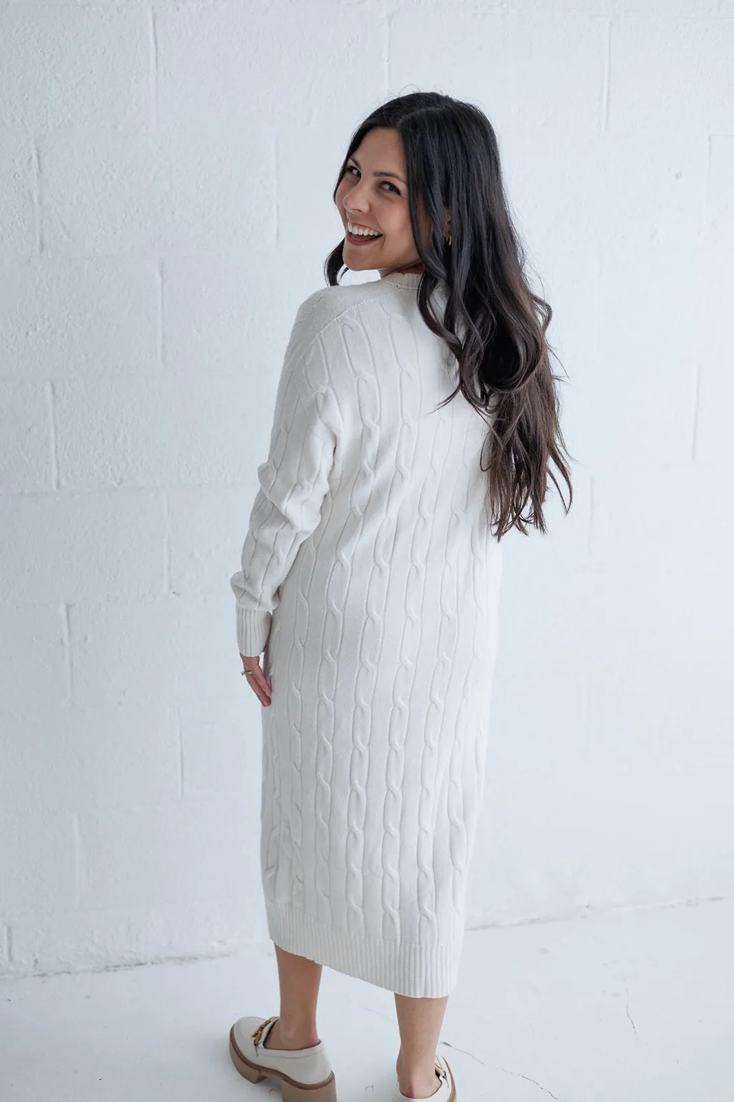 V Neck Cable Knit Sweater Dress