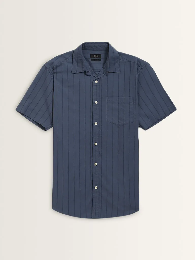 WES Casuals Dusty Blue Pinstriped Relaxed-Fit Cotton Shirt