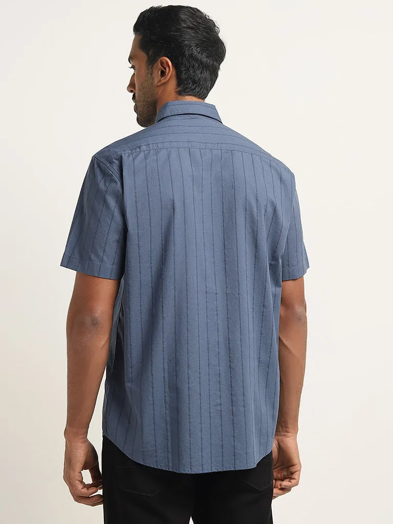 WES Casuals Dusty Blue Pinstriped Relaxed-Fit Cotton Shirt