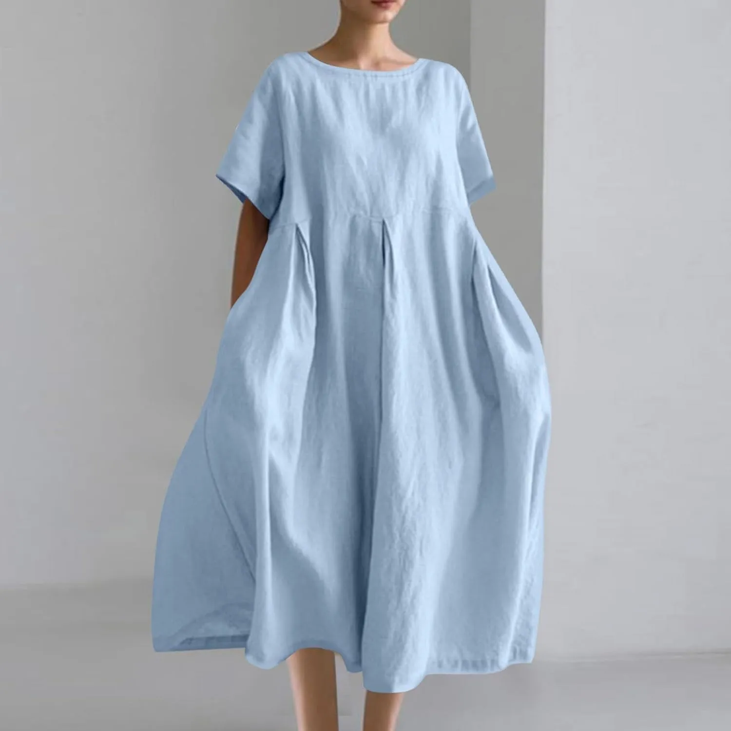 Women Basic Cotton Linen A-Line Dress Summer Short Sleeve Crewneck Flowy Midi Dresses Plus Size Casual Beach Dress