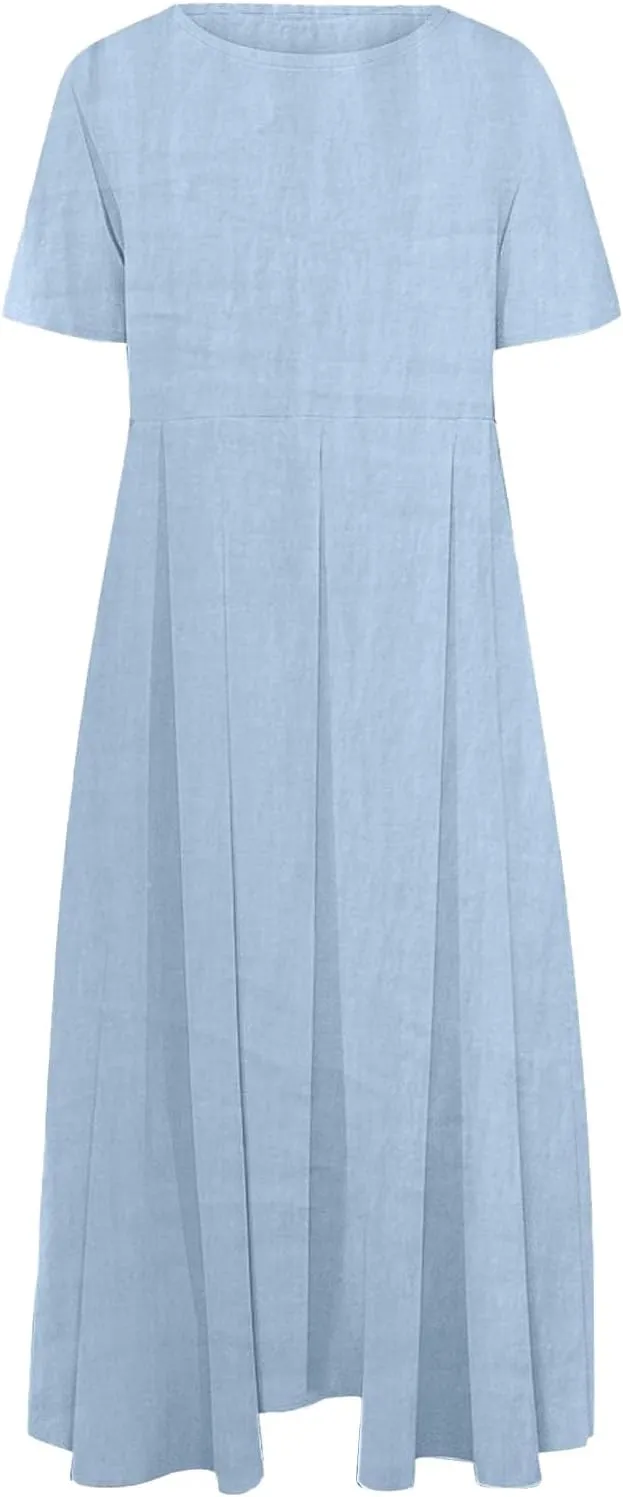 Women Basic Cotton Linen A-Line Dress Summer Short Sleeve Crewneck Flowy Midi Dresses Plus Size Casual Beach Dress