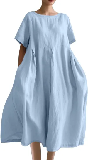 Women Basic Cotton Linen A-Line Dress Summer Short Sleeve Crewneck Flowy Midi Dresses Plus Size Casual Beach Dress