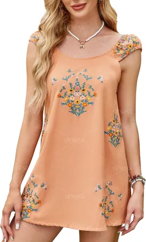 Women Floral Embroidered Linen Short Dress Boho Summer Babydoll Dress Sleeveless Cotton Beach Mini Sundresses