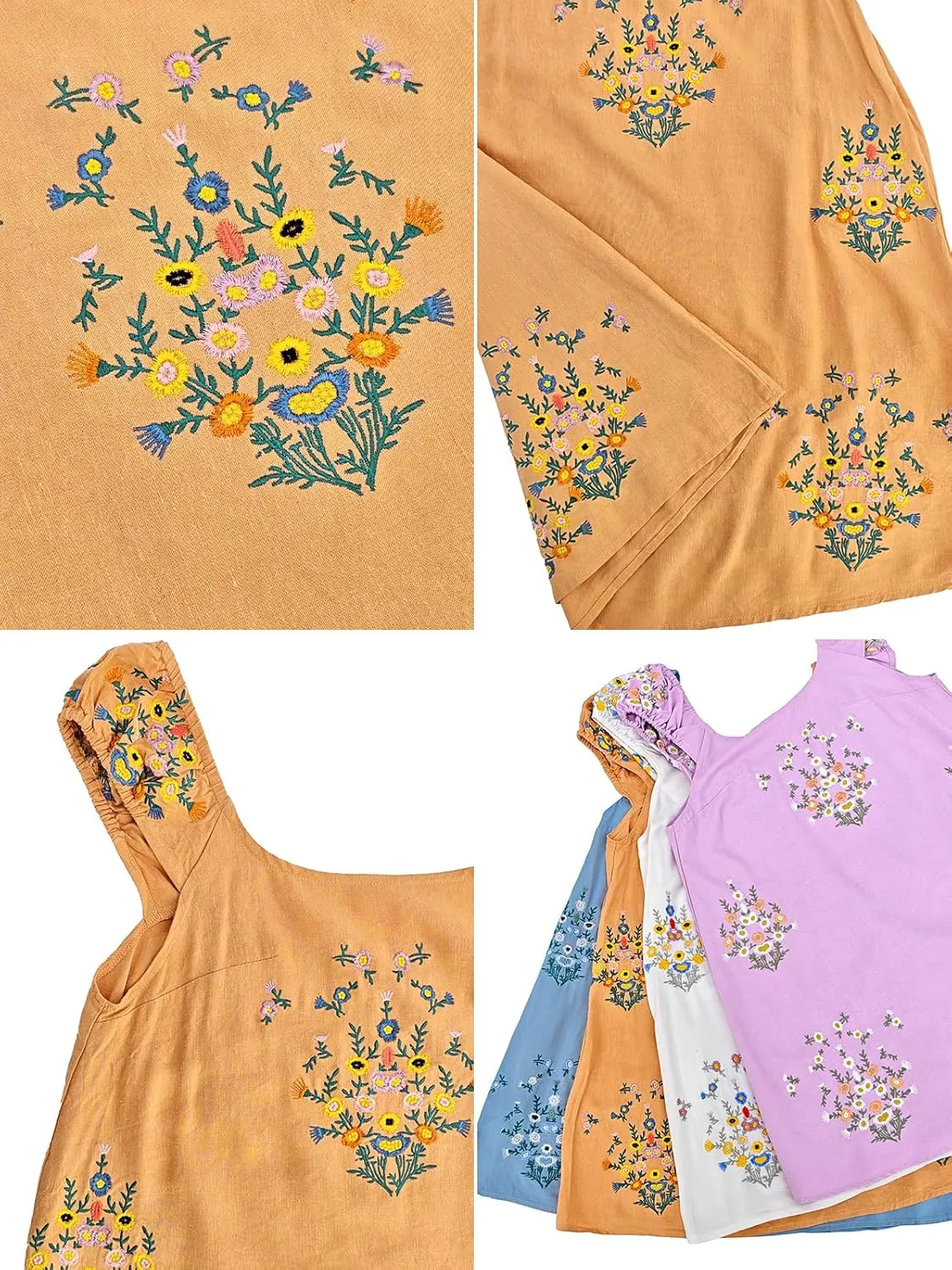Women Floral Embroidered Linen Short Dress Boho Summer Babydoll Dress Sleeveless Cotton Beach Mini Sundresses