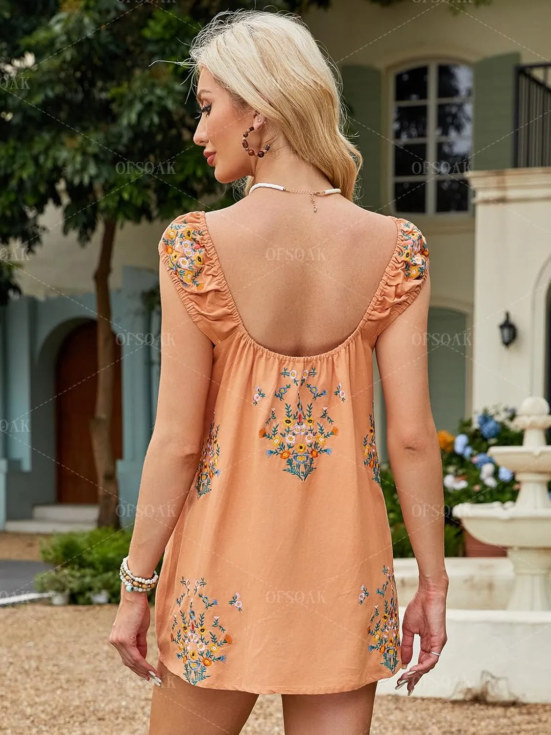 Women Floral Embroidered Linen Short Dress Boho Summer Babydoll Dress Sleeveless Cotton Beach Mini Sundresses