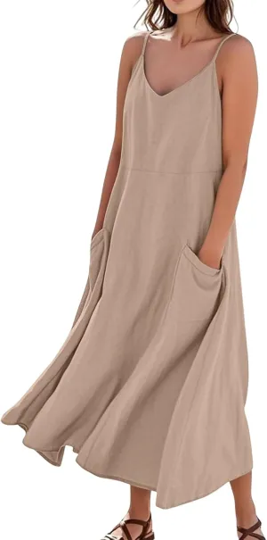 Women's Casual Cotton Linen Boho Sundress Spaghetti Strap Flowy Maxi Dresses Summer A Line Beach Dress with Pockets