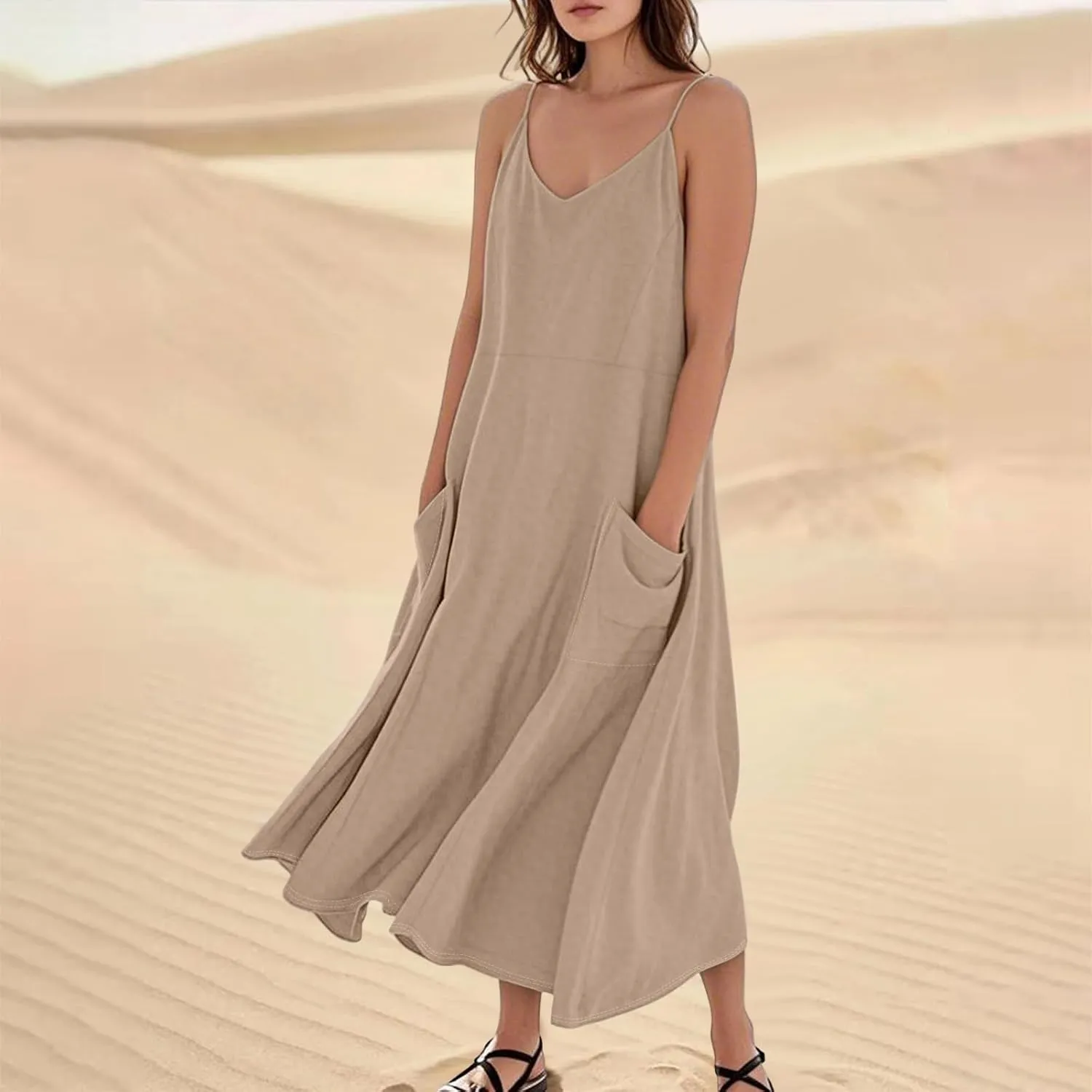 Women's Casual Cotton Linen Boho Sundress Spaghetti Strap Flowy Maxi Dresses Summer A Line Beach Dress with Pockets