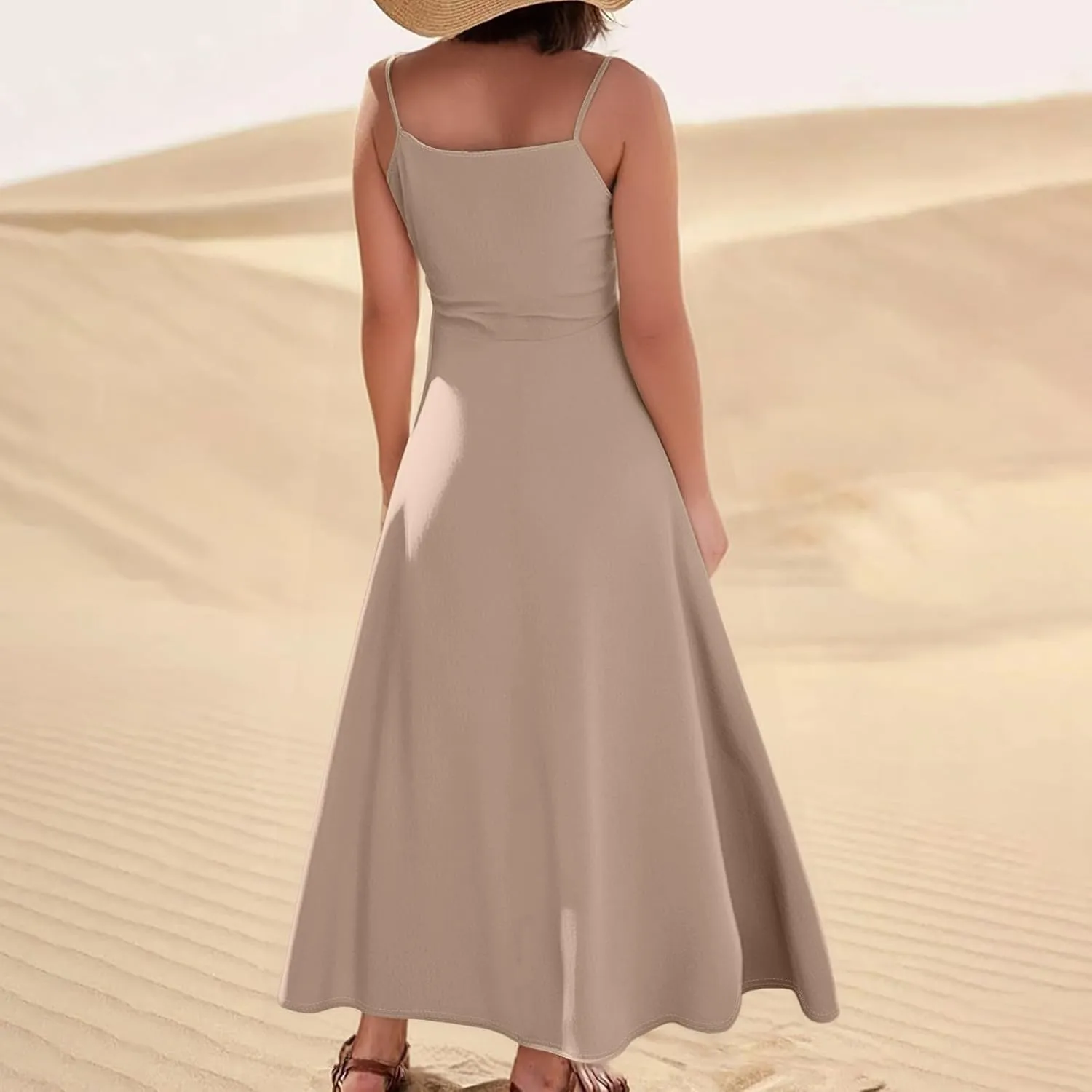 Women's Casual Cotton Linen Boho Sundress Spaghetti Strap Flowy Maxi Dresses Summer A Line Beach Dress with Pockets