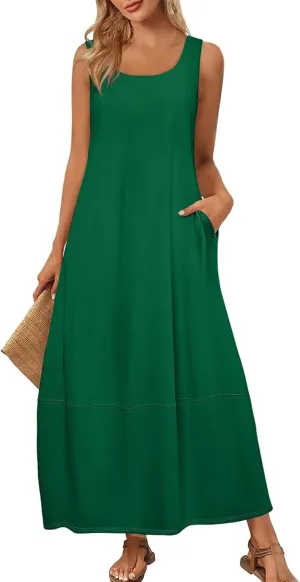 Women's Casual Maxi Sundress 2025 Summer Beach Long Dress Scoop Neck Sleeveless Loose Comfy Tank Dresses