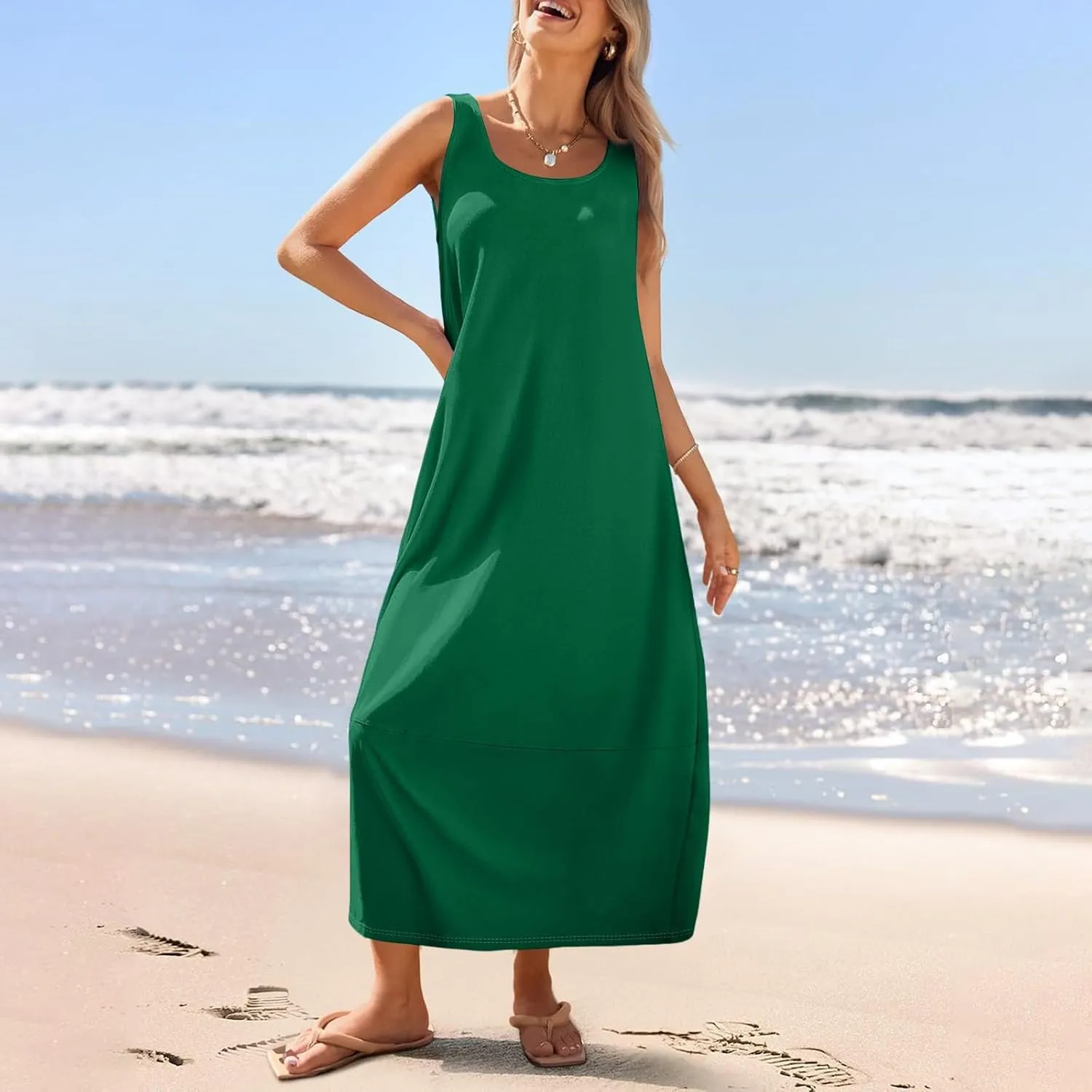Women's Casual Maxi Sundress 2025 Summer Beach Long Dress Scoop Neck Sleeveless Loose Comfy Tank Dresses
