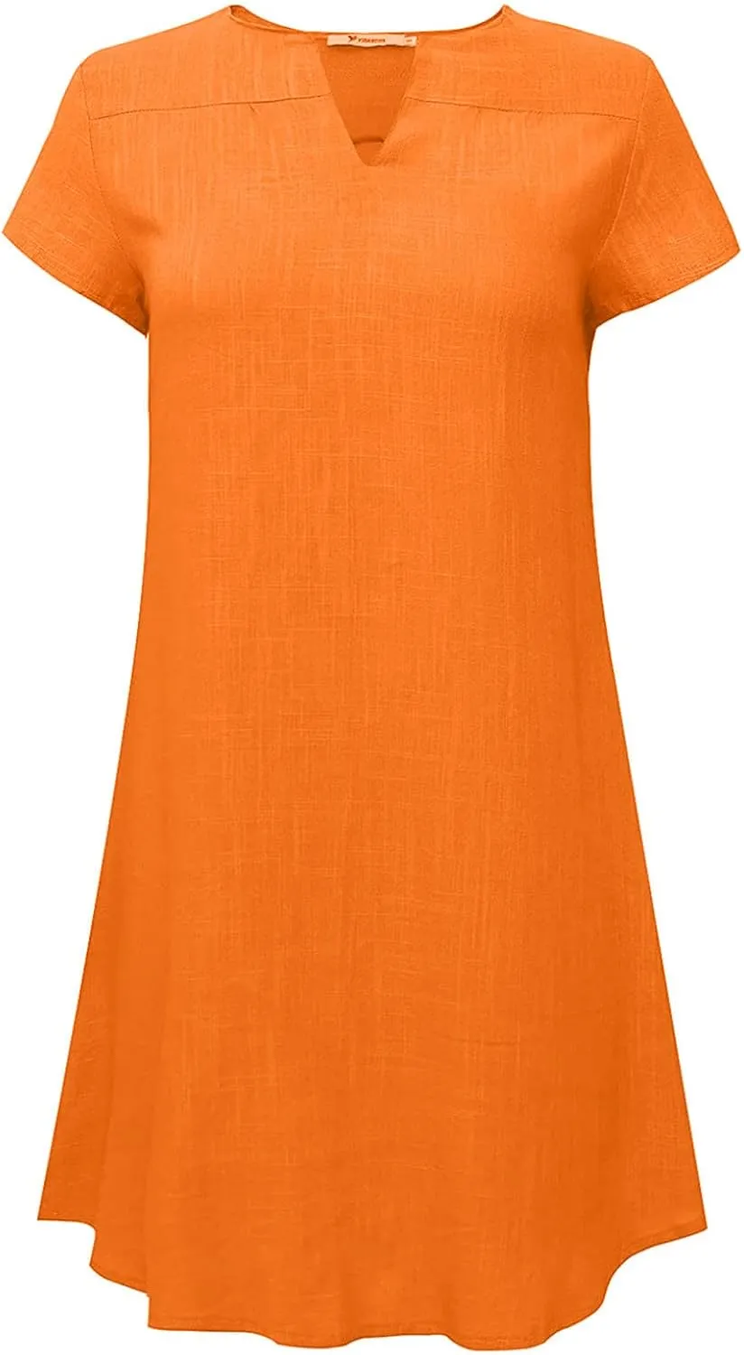 Women's Cotton Linen Dress Summer Midi Dresses Short Sleeve V Neck Loose Casual Shift Dresses Ladies Sundresses
