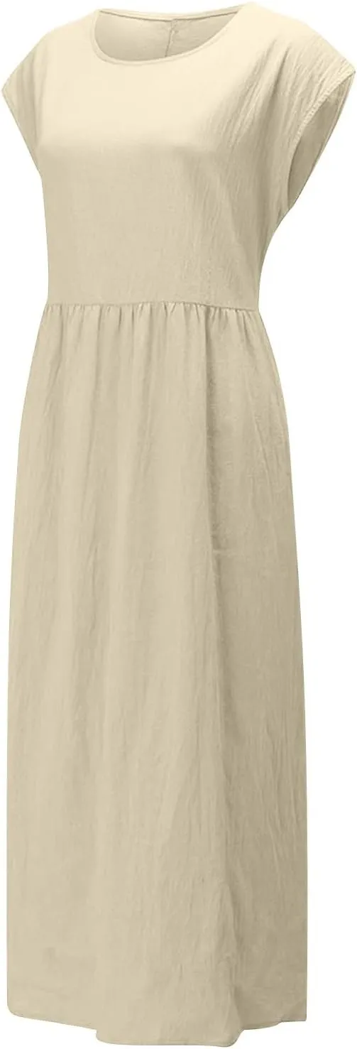 Women's Cotton Linen Dress with Pocket 2025 Plus Size Cap Sleeve Summer Dresses Vacation Crew Neck Casual Dress