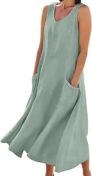 Women's Summer Cotton Linen Dresses 2025 Trendy Elegant Sleeveless Casual Baggy Flowy Beach Maxi Sun Dresses Pocket
