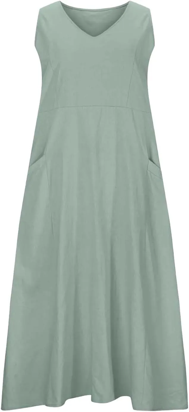 Women's Summer Cotton Linen Dresses 2025 Trendy Elegant Sleeveless Casual Baggy Flowy Beach Maxi Sun Dresses Pocket