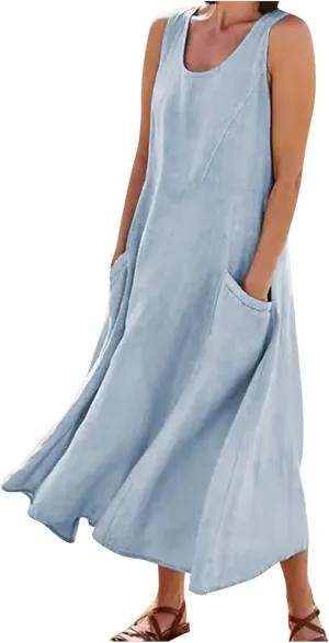 Womens Summer Linen Tank Dresses Casual Beach Floral Sleeveless Vacation Sundress Travel Outfits Cotton Maxi Dress