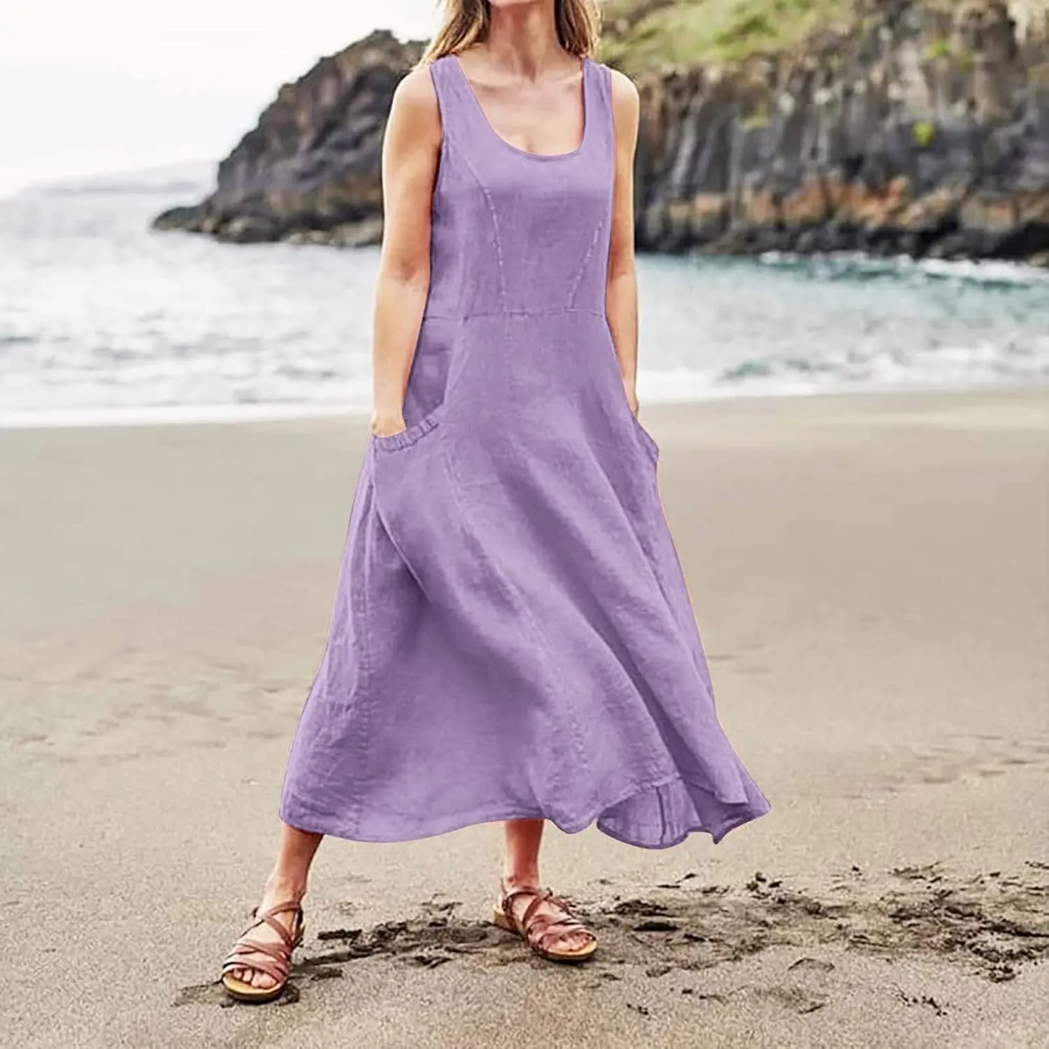 Womens Summer Linen Tank Dresses Casual Beach Floral Sleeveless Vacation Sundress Travel Outfits Cotton Maxi Dress