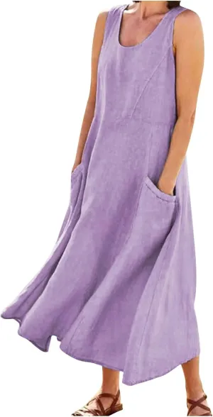 Womens Summer Linen Tank Dresses Casual Beach Floral Sleeveless Vacation Sundress Travel Outfits Cotton Maxi Dress