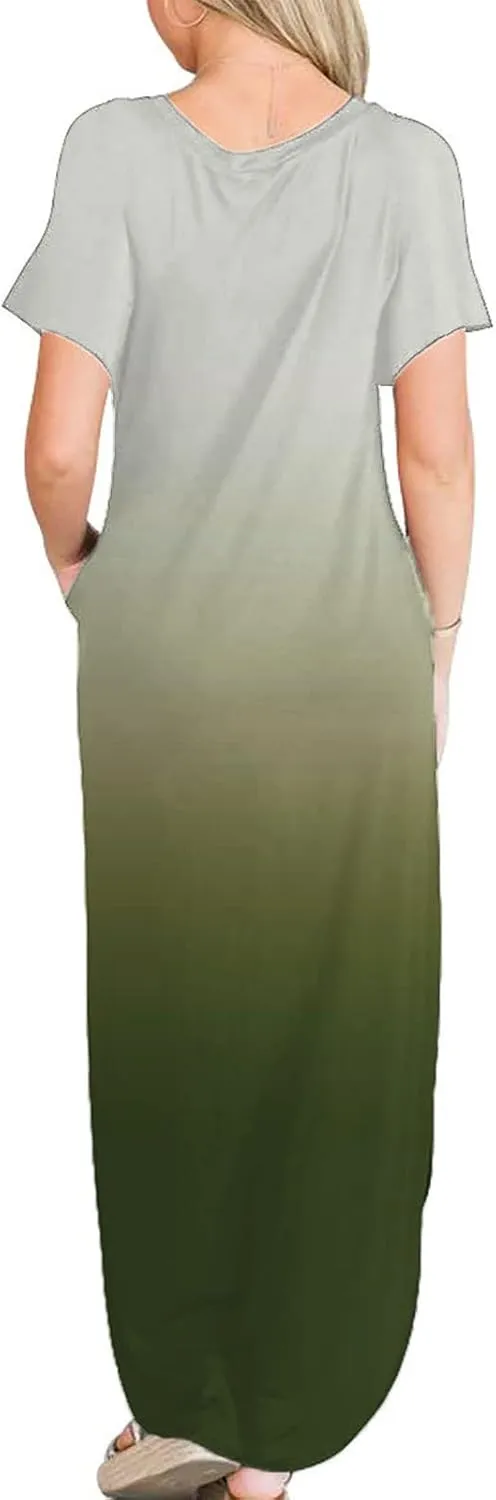 Womens Summer Maxi Dresses Short Sleeve Split Long Dress Gradient Tshirt Dresses Casual Beach Sundress with Pockets