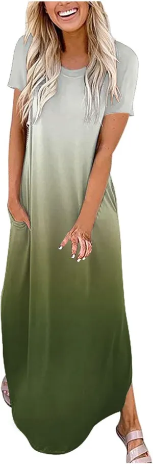 Womens Summer Maxi Dresses Short Sleeve Split Long Dress Gradient Tshirt Dresses Casual Beach Sundress with Pockets