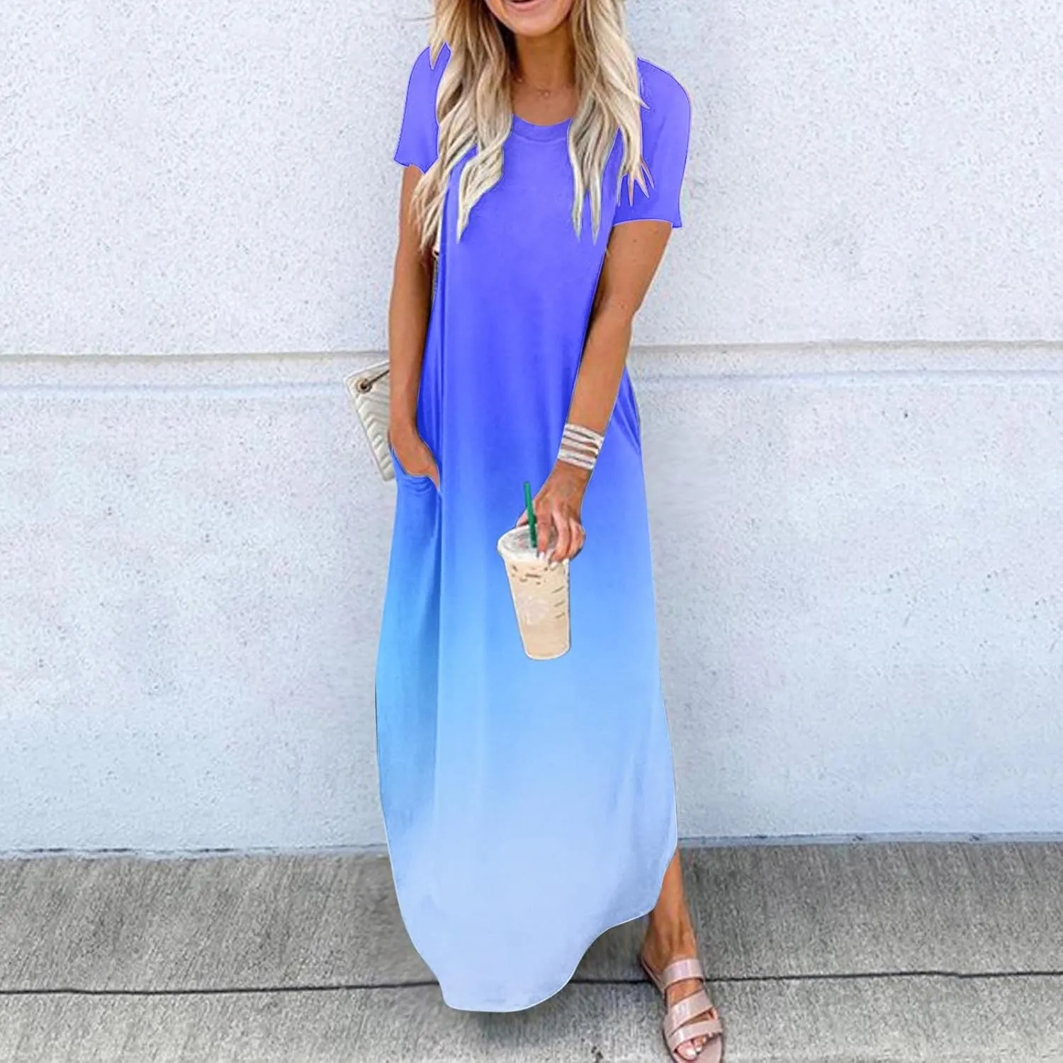 Womens Summer Maxi Dresses Short Sleeve Split Long Dress Gradient Tshirt Dresses Casual Beach Sundress with Pockets