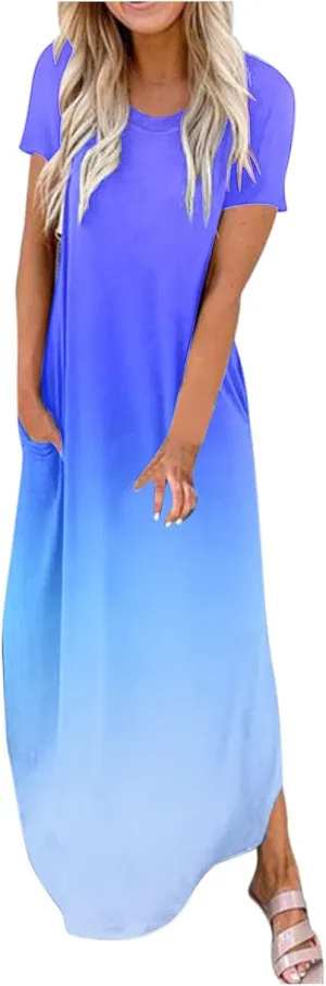 Womens Summer Maxi Dresses Short Sleeve Split Long Dress Gradient Tshirt Dresses Casual Beach Sundress with Pockets