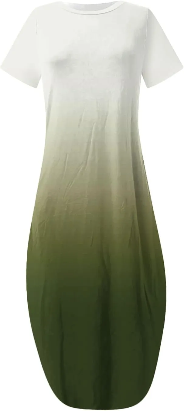 Womens Summer Maxi Dresses Short Sleeve Split Long Dress Gradient Tshirt Dresses Casual Beach Sundress with Pockets