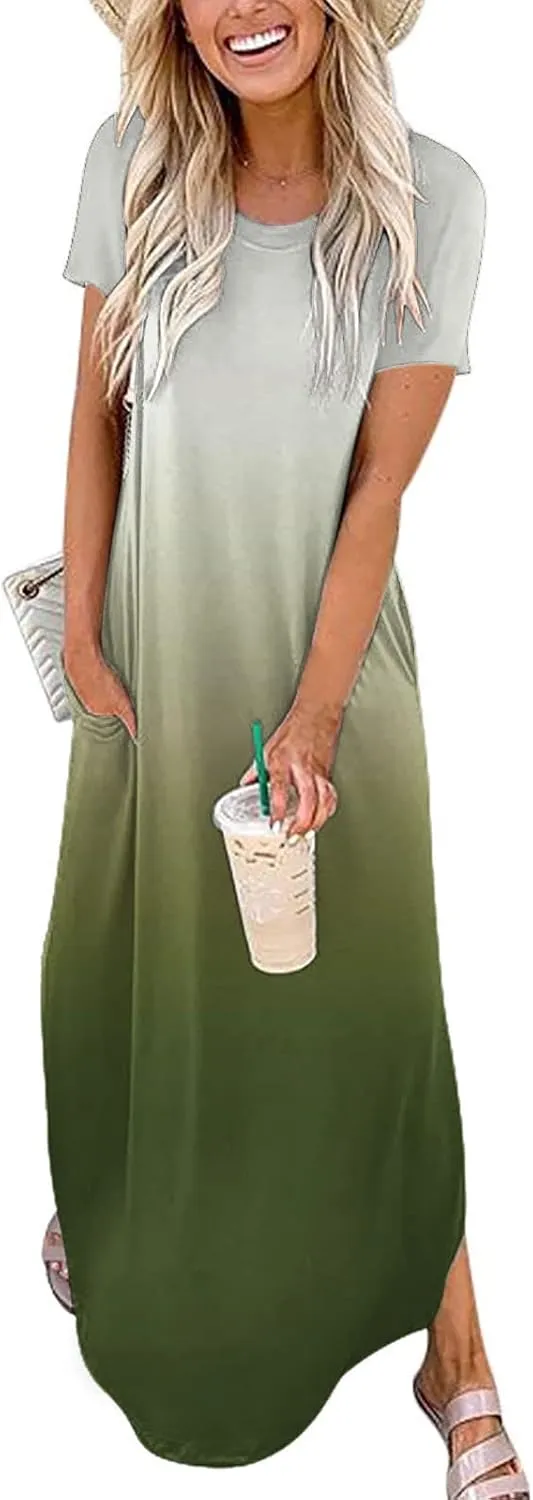 Womens Summer Maxi Dresses Short Sleeve Split Long Dress Gradient Tshirt Dresses Casual Beach Sundress with Pockets